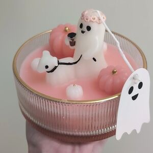 Pinkoween Candle 🩷 Girl Ghost Walking Dog In Pumpkin Patch with Latte, Gold Rim